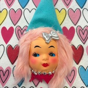 Vintage Doll Head with Pink Hair and Blue Hat ornament
